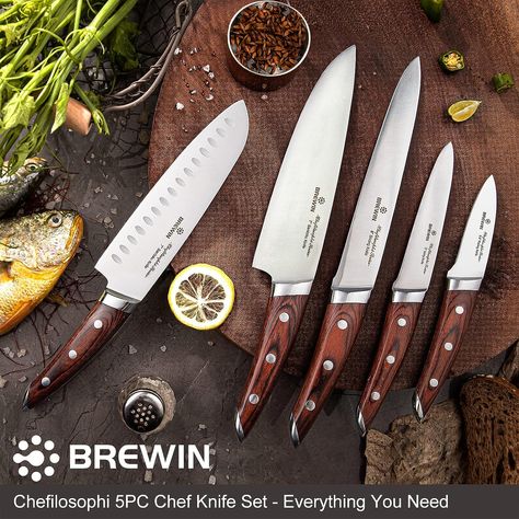 Brewin CHEFILOSOPHI Japanese Chef Knife Set 5 PCS with Elegant Red Pakkawood Handle Ergonomic Design,Professional Ultra Sharp Kitchen Knives for Cooking High Carbon Stainless Steel Japanese Chef Knife, Cooking Knives, Seven Fishes, Stainless Steel Knife Set, Kitchen Technology, Best Kitchen Knives, Kitchen Knife Set, Japanese Chef, Chef Knife Set