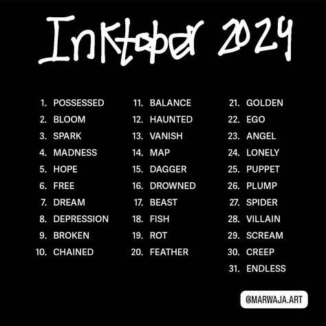 This is gonna be my prompt list for the coming inktober challenge .. feel free to use it and share #inktober #inkdrawing #inktober2024 #promptlist #prompt #art #ink #inkart #october #drawingchallenge Inktober 2024 List, Oc Tober, Ink Challenge, Inktober Challenge, 30 Day Art Challenge, Inktober 2024, Prompt List, Art Challenges, Print Ideas