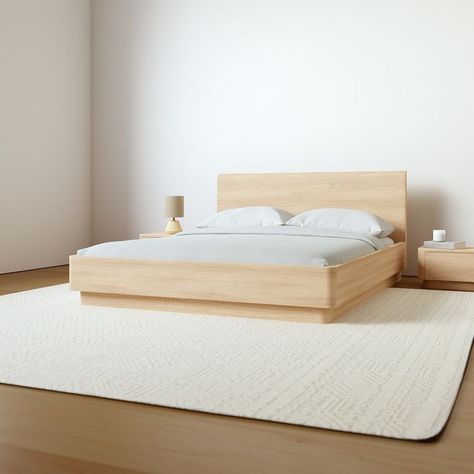 organic modern curved oak bed frame Pedestal Bed, Tattoo Modern, Modern Upholstered Beds, West Elm Bedding, Minimalist Bed, Modern Bed Frame, Oak Beds, Bed Queen, Wood Bed Frame