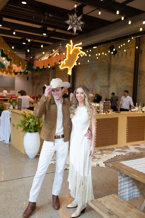 The wedding welcome party at 800 Congress was a hit to welcome guests to Austin, Texas! We love all of the special stationery touches to bring this Texas welcome to life. Texas Chic Outfit Gala, Country Rehearsal Dinner Ideas, Country Chic Rehearsal Dinner, Western Rehearsal Dinner Bride Outfit, Western Dress And Boots Outfit, Western Wedding Rehearsal Outfit, Cocktail Cowboy Attire, Country Glam Outfit Western Chic, Country Rehearsal Dinner Outfit