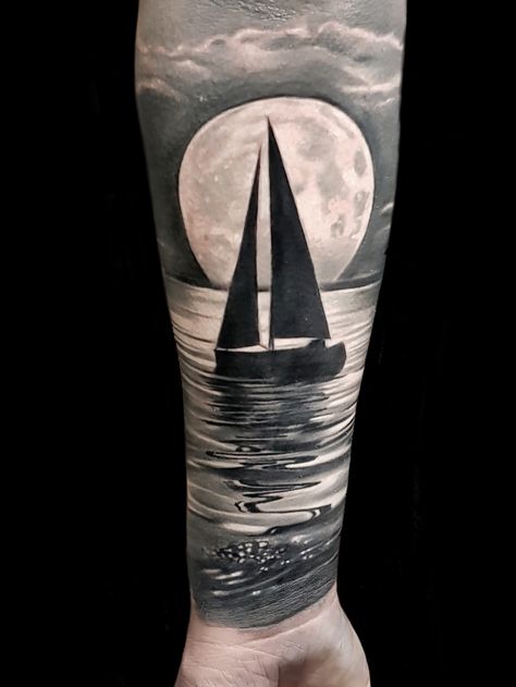 custom realistic black and grey tattoo yacht not boat tattoo Water Realism Tattoo, Yacht Tattoo Design, Boat On Water Tattoo, Boat Tattoo Men, Boat Tattoo Design, Sail Boat Tattoo, Yacht Tattoo, Joey Tattoo, Boat Tattoos