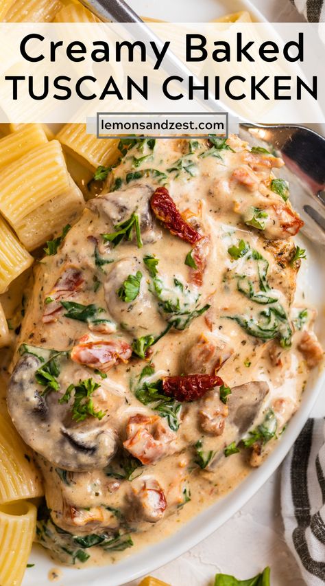 This cozy and comforting creamy Baked Tuscan Chicken is a simple take on a classic dish. A dump and bake chicken breast recipe that can be prepped and served in about 30 minutes. A great dish for a simple weeknight meal or a dinner party--perfect for any occasion!