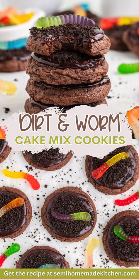 Worms And Dirt Cake, Spooky Cookies Easy, Cake Mix Halloween Cookies, Dirt And Worms Cake, Spooky Treats For Kids, Halloween Bake Sale Treats, Worm Dessert, Halloween Homemade Treats, Bake Sale Ideas Easy