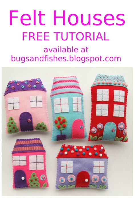 Sew a set of cute felt houses with this free tutorial! Felt Houses, Lampe Art Deco, Felt Ornaments Patterns, Felt House, Felt Crafts Diy, Felt Patterns, Small Houses, Felt Decorations, Fabric Houses