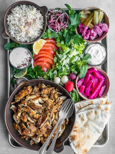 Homemade Lebanese Chicken Shawarma Recipe (Wrap or Bowl) - Urban Farm and Kitchen Beef Shawarma Bowl, Greek Chicken Shawarma Recipe, Shawarma Platter Ideas, Lebanese Shawarma Recipe, Shawarma Toppings, Shawarma Sides, Halloumi Shawarma, Lebanese Wrap, Sharma Food