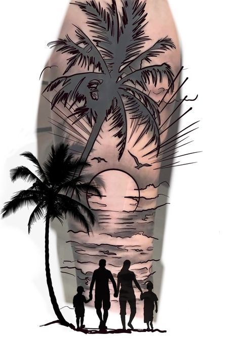 Family Silhouette Tattoo, Strand Tattoo, Beach Theme Tattoos, Family Tattoos For Men, Ancient Art Tattoo, Baby Tattoo Designs, American Indian Tattoos, Lion Tattoo Sleeves, Sunset Tattoos