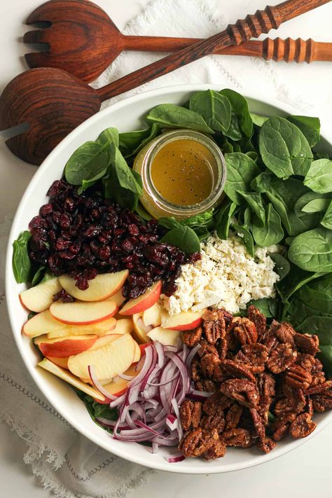 Spinach Salad With Apples And Pecans, Spinach Apple Cranberry Salad, Cranberry Pecan Salad With Feta Cheese, Salad With Candied Pecans And Feta, Spinach Cranberry Pecan Salad, Salad With Pecans And Cranberries, Candied Pecans Salad, Apple And Onion Salad, Candied Pecan Salad Recipe