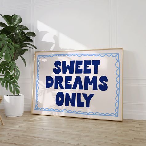 Sweet Dreams Only Art Print | Blue Bedroom Art, Cute Dorm Decor, above bed wall art, night stand art print, bedroom wall decor, navy art Cool Wall Art Ideas Bedrooms, Blue And Yellow Bedroom Decor, Bedroom Artwork Above Bed, Painting Over Bed, Above Bed Artwork, Guest Bedroom Wall Decor, Poster Prints Bedroom, Above The Bed Wall Decor, Bedroom Prints Above Bed