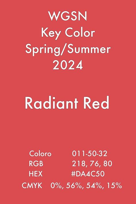 Radiant Red #trends #color #wgsn #coloro #fashion #ss24 Pantone Red, Design Color Trends, Fashion Trend Book, Pantone Colour Palettes, Spring Summer Fashion Trends, Color Forecasting, Fashion Trend Forecast, Color Palette Challenge, Radiant Red