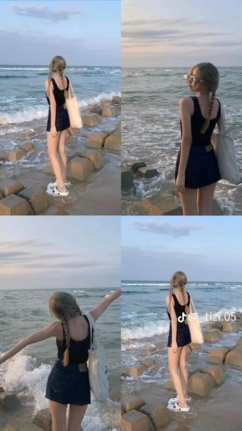 Fashion Outfits Drawing, Korean Women Outfits, Simple Beach Outfit, Beach Pictures Ideas, Korea Summer, Beach Photo Inspiration, White Long Skirt, Summer Poses, Swimsuit Beach