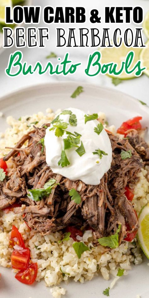 Savor the taste of Chipotle at home with these low carb Keto Barbacoa Burrito Bowls. A delightful mix of flavors that fits perfectly into your low carb lifestyle. Keto Barbacoa, Barbacoa Bowl, Beef Barbacoa Slow Cooker, Beef Barbacoa, Slow Cooker Barbacoa, Barbacoa Recipe, Beef Tips And Gravy, Burrito Bowls Recipe, Food Beef