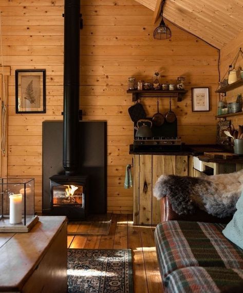 Log Cabin Aesthetic Living Room, Log Cabin Open Kitchen And Living Room, Small Log Cabin Homes Interior, Tiny House Wood Stove Hearth, Small Cabin Living, Small Cabin Living Room, Hand Hewn Log Cabin Interior, Snowy Cabin Aesthetic Interior, Cabin Homes Interior