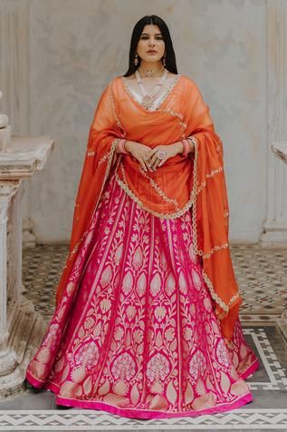 Organza Lehenga, Indian Wedding Outfit, Pink Lehenga, Red Lehenga, Indian Wedding Wear, Contrast Blouse, Zari Work, Bridesmaid Outfit, Organza Dupatta