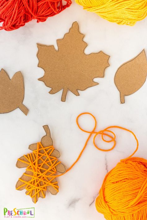 tape the yarn on the leaf and start wrapping the yarn color of your choice around in every which direction around the cardboard leaf Fall Leaf Crafts, Fall Leaf Template, Leaf Templates, Different Leaves, Leaf Craft, Craft For Toddlers, Craft For Preschoolers, Autumn Leaves Craft, Preschool Crafts Fall