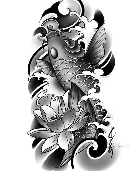 Fish design tattoo black and Gray Pez Koi Tattoo, Dragon Koi Tattoo Design, Coverup Ideas, Koi Dragon Tattoo, Japanese Koi Fish Tattoo, Tato Ikan Koi, Koi Tattoo Sleeve, Tato Naga, Tattoo Japanese Style