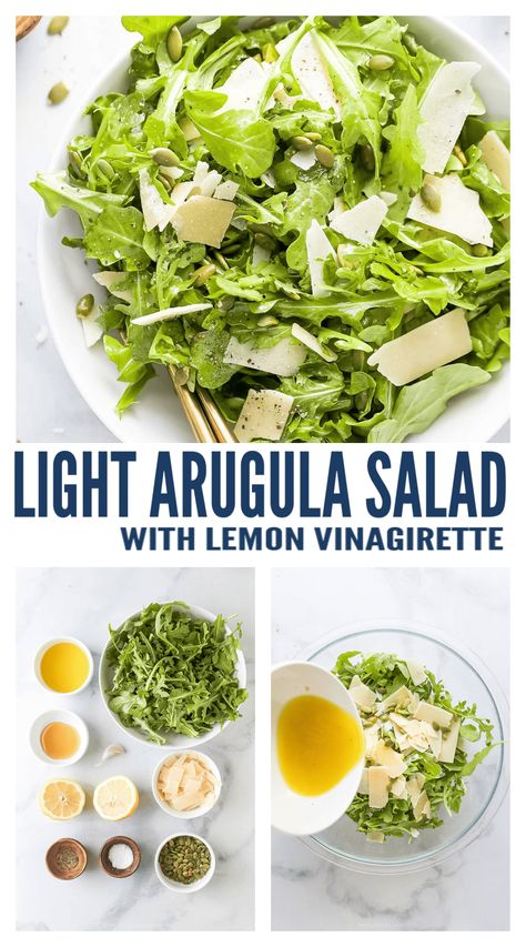 Arugula Salad Dressing, Simple Arugula Salad, Salad With Lemon Dressing, Salad With Lemon Vinaigrette, Parmesan Salad, Arugula Salad Recipes, Lemon Salad, Shaved Parmesan, Side Salad Recipes