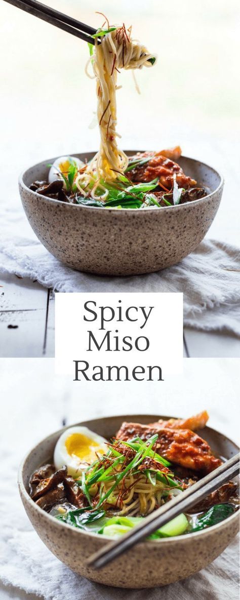 Spicy Miso Ramen with Bok Choy, Shiitakes and your choice of chili roasted salmon or tofu. 20 Minutes!  Vegan adaptable. | www.feastingathome.com #ramen #misosoup #misoramen Spicy Miso Ramen, Spicy Miso Ramen Recipe, Ramen Broth, Miso Ramen, Vegan Ramen, Ramen Recipes, Miso Soup, Roasted Salmon, Salmon Recipes