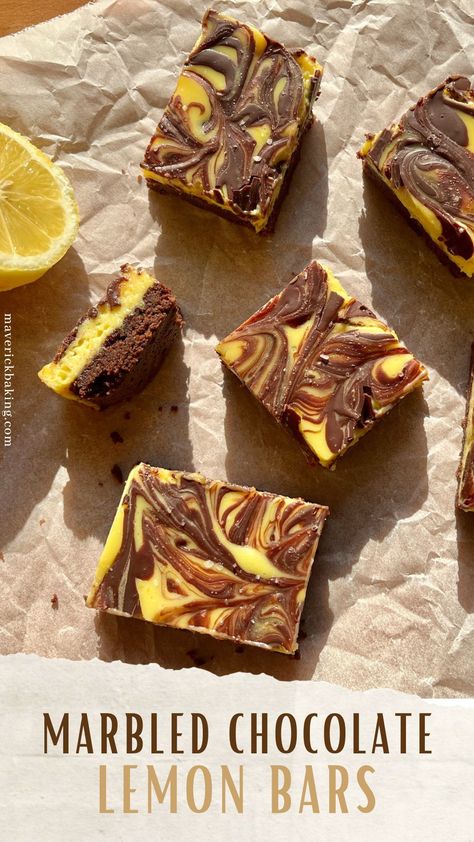 Chocolate Lemon Bars, Chocolate And Lemon Desserts, Chocolate Lemon Desserts, Lemon Chocolate Desserts, Pastry Packaging, Marbled Chocolate, Chocolate Lemon, Lemon Brownies, Lemon Bars Recipe