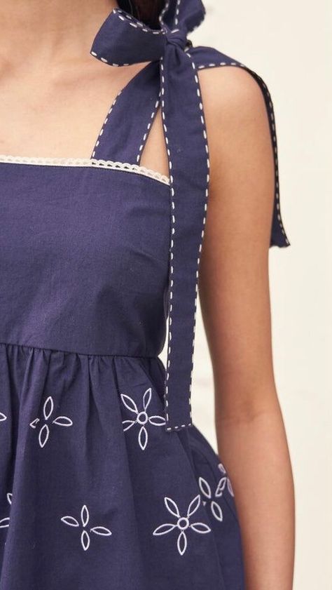 Navy embroidered cami top with tie straps. Perfect for a summer day. #embroidery #cami . #Couture #Upcycling #Embroidered_Cami_Top #Cherry_Vintage Couture, Upcycling, Bow Top Pattern, Top Inspo Sewing, Embroidery Designs On Dress, Tie Up Top Outfit, Embroidery On Tops, Cami Top Pattern, Top With Tie Straps