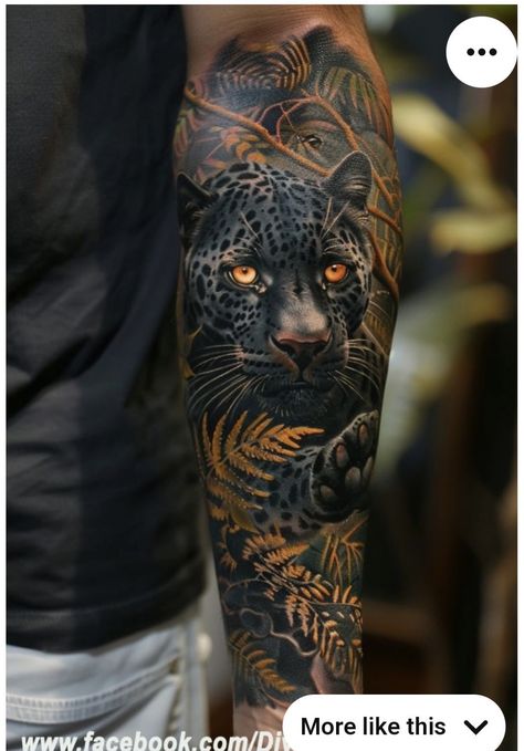 Jungle Tattoo, Black Panther Tattoo, Africa Tattoos, Jaguar Tattoo, Animal Sleeve Tattoo, Leopard Tattoos, African Tattoo, Full Leg Tattoos, Panther Tattoo