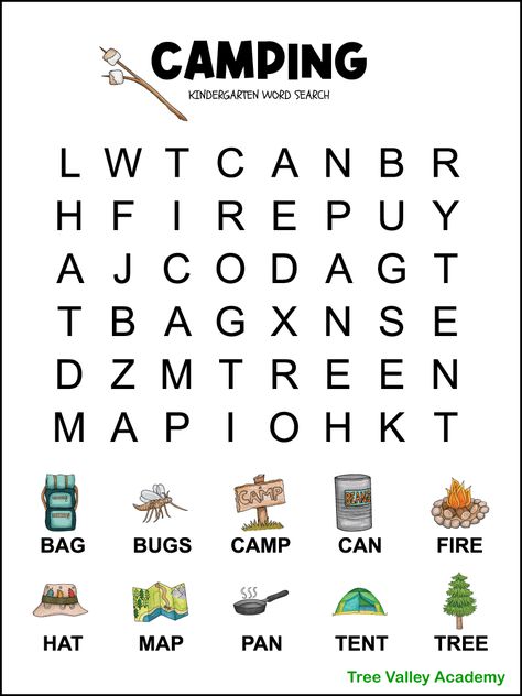 Word Search For Kindergarten, Camping Word Search, Puzzles For Kindergarten, Kindergarten Word Search, Camping Activites For Kids, Camping Printables, Easy Word Search, Word Search For Kids, Free Printable Word Searches