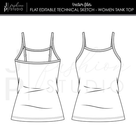 Tank Top Technical Drawing, Tank Top Sketch, Tops Sketches, Hayden Williams Illustrations, Tank Top Drawing, Tank Top Template, Top Flat Sketch, Drawing Tank Top, Strappy Tank Top