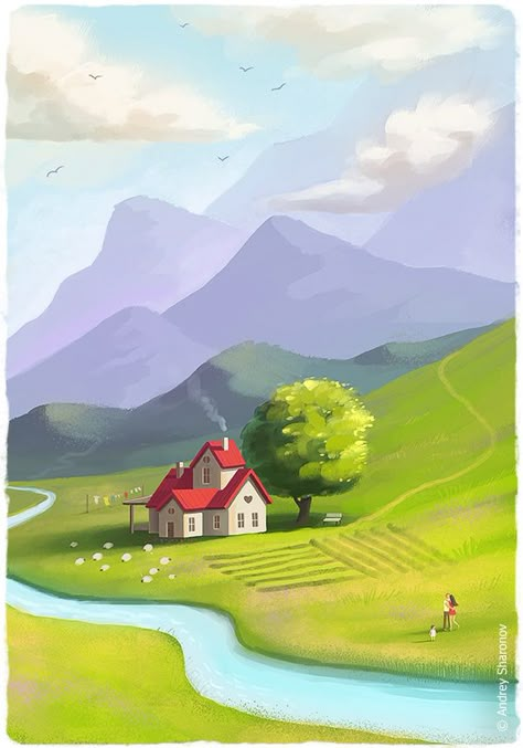 Sweet home Scenery Landscape Drawing, Cartoon Landscape Art, Nature Digital Art Illustrations, Cartoon Home Background, House Scenery Drawing, Kids Christmas Nails, Dreamy Drawing, Nails Acrylic Christmas, Scenery Illustration