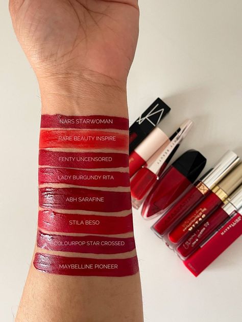 Red Lipstick Collection Aesthetic, Maybelline Red Lipstick Shades, Must Have Lipstick Shades, Maybelline Red Lipstick, Crimson Red Lipstick, Light Red Lipstick, Red Lipstick Aesthetic, Bold Lipstick Makeup, True Red Lipstick