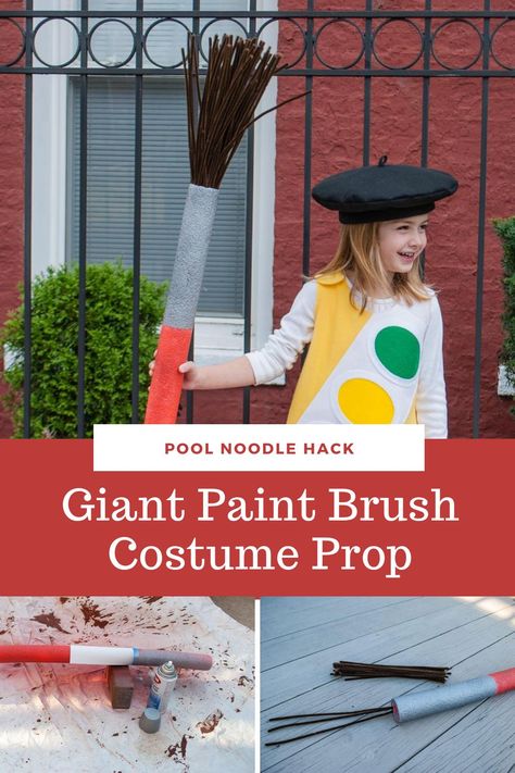 See how to make a giant paint brush costume prop with this free DIY tutorial! Make a big paintbrush for an artist Halloween costume or play. Start with a pool noodle from the dollar store and follow this tutorial to make your own DIY large paintbrush! #paintbrush #poolnoodle #DIY #costume #prop #paint #brush #artist Paintbrush Pool Noodle, Crayon Prop Diy, How To Make A Giant Paint Brush, Diy Giant Paintbrush Prop, Artist Halloween Costume Kids, Pool Noodle Paint Brush Diy, Giant Paintbrush Prop, Giant Paint Brush Prop, Diy Giant Paint Brush