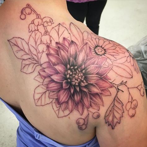 Dalia Flower Tattoo Black, Dahlia Tattoo Shoulder, Dahlia Flower Tattoo, Dahlia Tattoos, Dahlia Flower Tattoos, Dahlia Tattoo, Flower Shoulder Tattoo, Sunflower Tattoo Shoulder, Floral Tattoo Shoulder