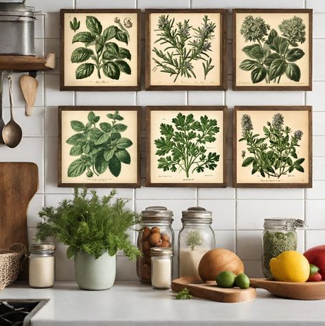 ♥ Black dot studio♥ Set of 6 botanical wall art prints. Posters with herbs. Kitchen wall gallery. Cottagecore decor. A perfect kitchen decoration. No frames included. SIZE: 5X5'', 8X8'', 10X10'', 12X12'', 14X14'', 20X20 CM, 30X30 CM ★Shipping ★ All packaging components are recyclable. The tube, adhesive tape and tissue paper around the posters are made of paper and the plugs are made of recyclable plastic. You select the delivery method (and estimated delivery time) when placing the order.  ★ Qu Kitchen Wall Art Set, Kitchen Wall Prints, Green Kitchen Walls, Vintage Drawings, Green Kitchen Decor, Herb Art, Country Style Decor, Kitchen Decor Themes, Country Kitchen Decor