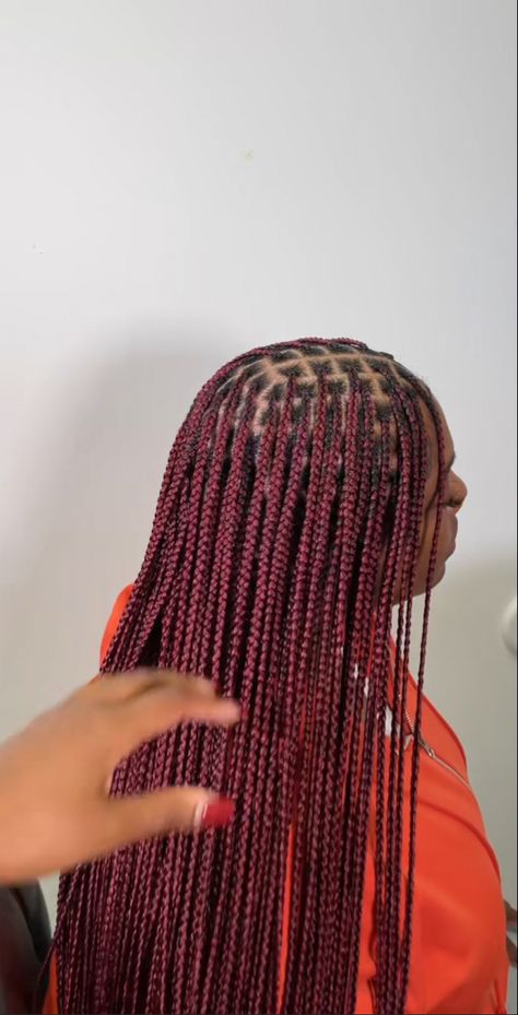 Red Braids Curly Ends, Burgandy Knotless Braids Black Women, Knotless Braids Hairstyles Burgundy, Red Knotless Braids On Black Hair, Ruby Red Knotless Braids, Wine Knotless Braids With Curls, Red Braids On Black Women, Knotless Box Braids Medium Burgundy, Burgundy Knotless Braids On Black Hair