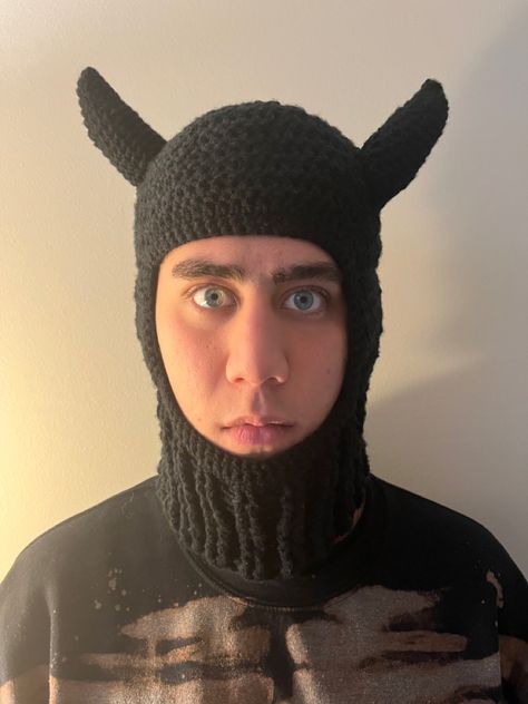 Crochet Horned Beanie, Horns Crochet, Devil Balaclava Crochet, Crochet Balaclava With Ears, Crochet Baphomet Hat, Crochet Balaclava With Horns, Black Balaclava, Crochet Balaclava, Black Crochet