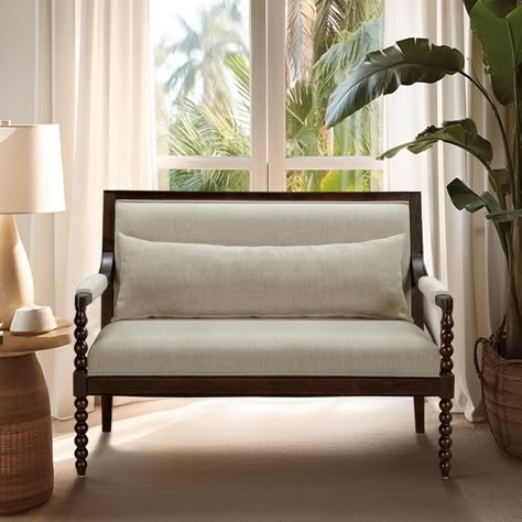 PRICES MAY VARY. The Martha Stewart Lily Pond Lifestyle Collection, inspired by her coastal property, presenting the Philippe Loveseat. With carved turned legs in dark brown brown finish, it exudes traditional and coastal style and charm Crafted for Quality - This loveseat features a solid rubberwood frame in a beautiful dark brown finish, complete with a removable lumbar pillow and wrapped armrest for added comfort. Adjustable levelers ensure stability on uneven surfaces This loveseat centerpie Wood Details, Luxury Experience, Brown Tone, Turned Wood, Coastal Furniture, Lily Pond, Upholstered Furniture, Upholstered Seating, Mudroom Furniture