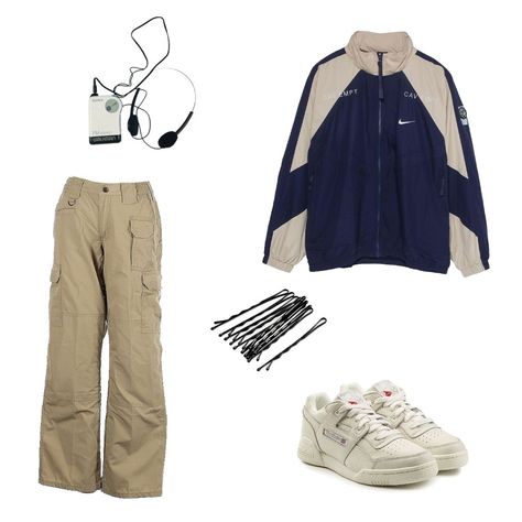 beige cargo pants nike sports vintage jacket rebook shoes Bobby pins vintage headphones Old School Nike Clothes, Nike Old Clothes, Old Nike Outfits, Old Nike Jacket, Vintage Nike Jacket Outfit, Old Nike Clothes, Old Nike, Old Nikes, Vintage Nike Jacket