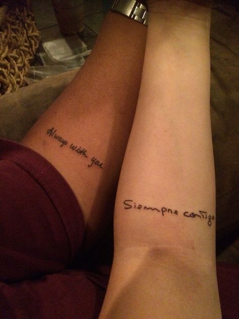 My husband and my 15 year anniversary tattoos. My handwriting on him, his on me. His tat in English (I'm American) mine in Spanish (he's from Argentina). Always with you. Best Friend Tattoos In Spanish, Spanish Writing Tattoo, Spanish Love Tattoos, Spanish Matching Tattoos, Spanish Couple Tattoos, Always With You Tattoo, Couple Tattoos In Spanish, Mom And Daughter Tattoos Spanish, Tattoos In Spanish Meaningful