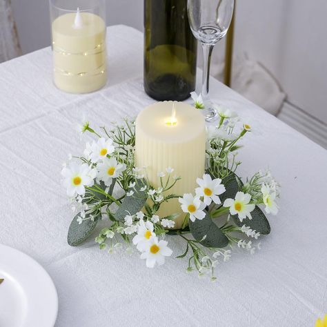 Simple Sage Green Wedding Decorations, Rustic Modern Wedding Centerpieces, Short Centerpiece Wedding, Table Pieces For Wedding, Daisy Wedding Centerpieces, Candles Jar, Floral Candle Rings, Candle Wreath, Lantern Centerpiece Wedding