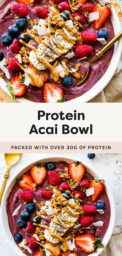 Make a high protein acai bowl with banana, berries, frozen acai puree, greek yogurt, protein powder and all your favorite toppings! It's healthy, super easy to make and packed with over 30 grams of protein. Paleo Acai Bowl, Make Ahead Acai Bowl, Fall Acai Bowl, Acai Bowl Meal Prep, Greek Yogurt Protein Bowl, Acia Bowls How To Make, Protein Acai Bowl Recipe, Keto Acai Bowl, Protein Bowls Dinner