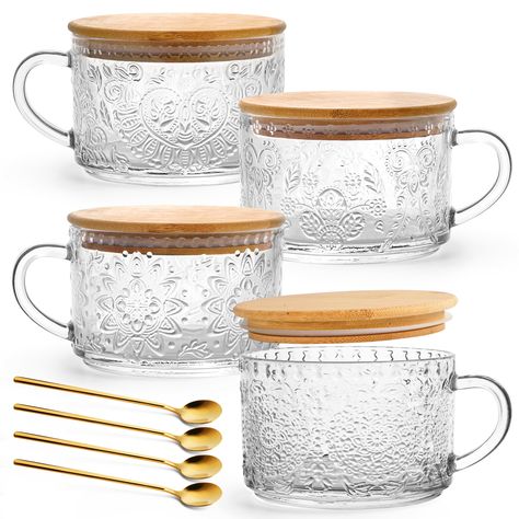 PRICES MAY VARY. Versatile and Convenient: Our set of 4 glass overnight oats containers with bamboo lids and spoons is perfect for a variety of uses. Whether you're preparing overnight oats, enjoying a refreshing iced coffee or cappuccino, or even storing your favorite cereal or yogurt, these containers have got you covered. The high-quality crystal glass ensures durability, while the natural bamboo lids add a touch of natural atmosphere Safe and Healthy: We prioritize your health and well-being Glass Container With Wood Lid, Mason Jar Gifts, Overnight Oats Container, Iced Coffee Glass Cups, Single Serve Snacks, Vintage Coffee Cups, Tea Cup Gifts, Glass Mugs, Morning Smoothie