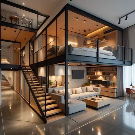 Loft Houses, Loft Homes, Building A Small House, Industrial Loft Design, Penthouse Design, Loft House Design, Aesthetic Architecture, Small Room Design Bedroom, Loft Interior Design