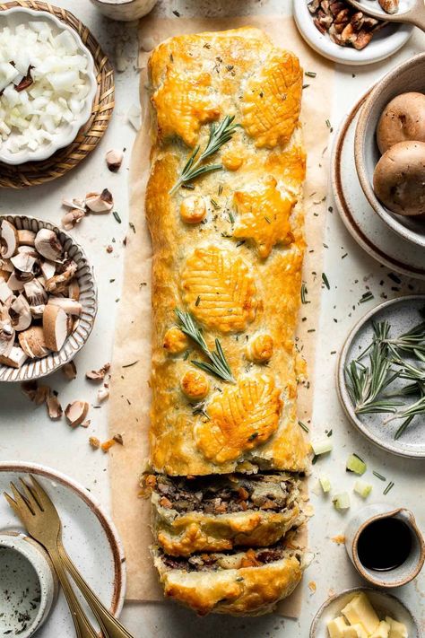 Mushroom Wellington - Ahead of Thyme Puff Pastry Wellington, Vegetarian Mushroom Wellington Recipe, Vegetable Main Course, Veg Wellington, Mushroom Puff Pastry Recipes, Mushroom Wellington Vegetarian, Puff Pastry Dinner Recipes, Veggie Wellington, Vegetable Wellington