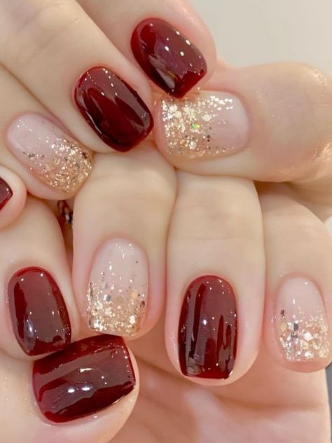 Gold Gel Nails, Red And Gold Nails, Elegance Dress, Milky Nails, Maroon Nails, Luxury Photography, Fitness Routines, Valentine Nails, Gold Nail