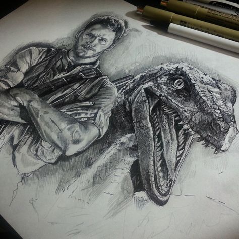 Pen drawing I made of Owen & Blue from Jurassic World - Imgur Park Drawing Easy, Jurassic Park Drawing, Blue From Jurassic World, Dinosaurs Drawing, Park Drawing, Jurassic World Dinosaurs, Pen Drawing, Jurassic World, Jurassic Park