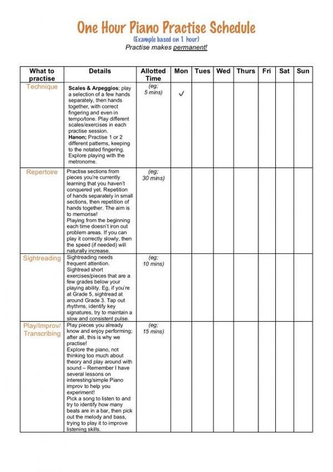 An example Piano practise schedule based on one hour of practise. Includes free Piano lesson - just click the image to where you can download the free printable PDF. Piano Practice Schedule, Piano Theory, Piano Practice Challenge, How To Practice Piano, Piano Technique Exercises, Piano Practice Routine, Free Piano Lessons, Music Theory Piano, Piano Classes