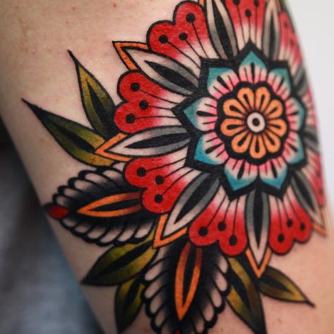 American Traditional Mandala Tattoo, American Traditional Mandala, Louise Tattoo, Gerber Daisy Tattoo, Traditional Mandala Tattoo, Songbird Tattoo, Mandala Tattoo Men, Traditional Heart Tattoos, Traditional Mandala