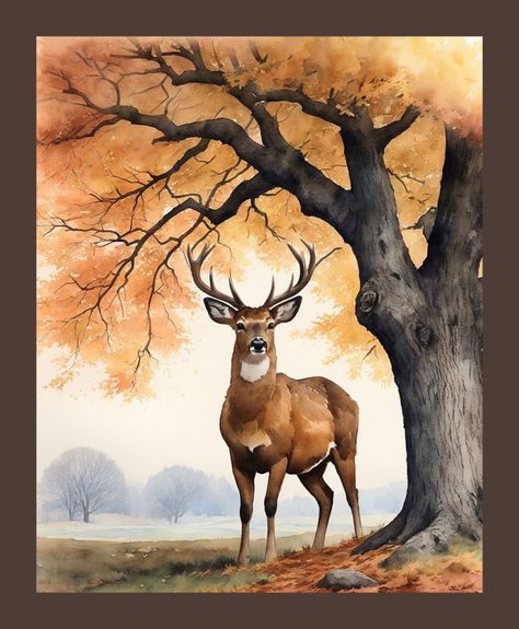 Watercolour Deer Painting, Watercolor Deer Painting, Deer Paintings, Deer Landscape, Farm Animal Paintings, Deer Watercolor, Deer Artwork, American Traditional Tattoo Ideas, Traditional Tattoo Ideas