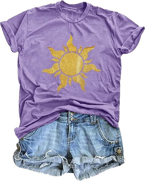 Magical Shirt Women Magic Sun Print Tshirt Cute Sunshine Graphics T Shirts Summer Vacation Short Sleeve Tops at Amazon Women’s Clothing store Princess Inspired Outfits, Disney Princess Facts, Cute Disney Outfits, Disney Bound Outfits, Shirts Summer, Purple T Shirts, Clothing Retail, Disney World Trip, Womens Tops Summer