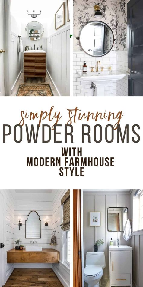 Small Powder Room Wallpaper Modern, Small Farmhouse Half Bathroom, Modern Farmhouse Powder Room Wallpaper, Farmhouse Powder Room Vanity, Tiny Powder Room Ideas Farmhouse, Small Powder Room Wallpaper Farmhouse, Modern Farmhouse Powder Bath, Small Powder Room Ideas Farmhouse, Powder Room Wallpaper Farmhouse