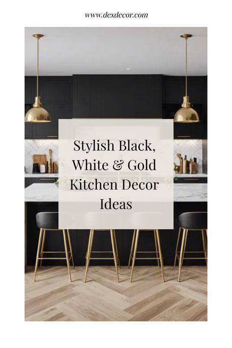 Stylish black, white, and gold kitchen with modern bar stools and pendant lighting. Mixing Gold And Black Hardware Kitchen, Black White And Gold Kitchen Decor, Black White Gold Kitchen Ideas, White Gold Kitchen Decor, Black White And Brown Kitchen, White Black And Gold Kitchen, Gold Kitchen Decor Ideas, Black White Gold Kitchen, White And Gold Kitchen Decor