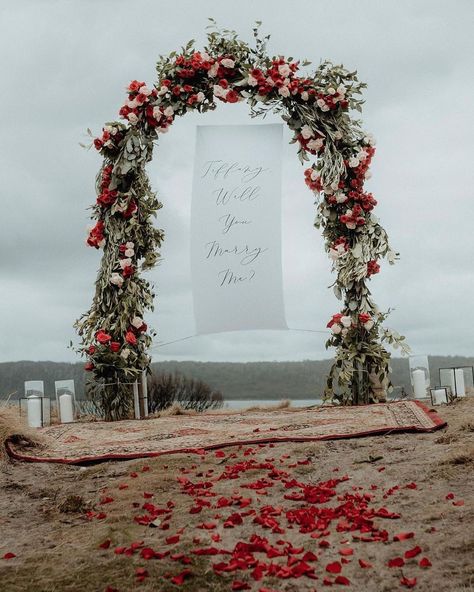 Proposal Ideas At Home, Best Ways To Propose, Christmas Wedding Flowers, Rose Arch, Bruny Island, Ways To Propose, White Sign, Bespoke Wedding Stationery, Red And Pink Roses